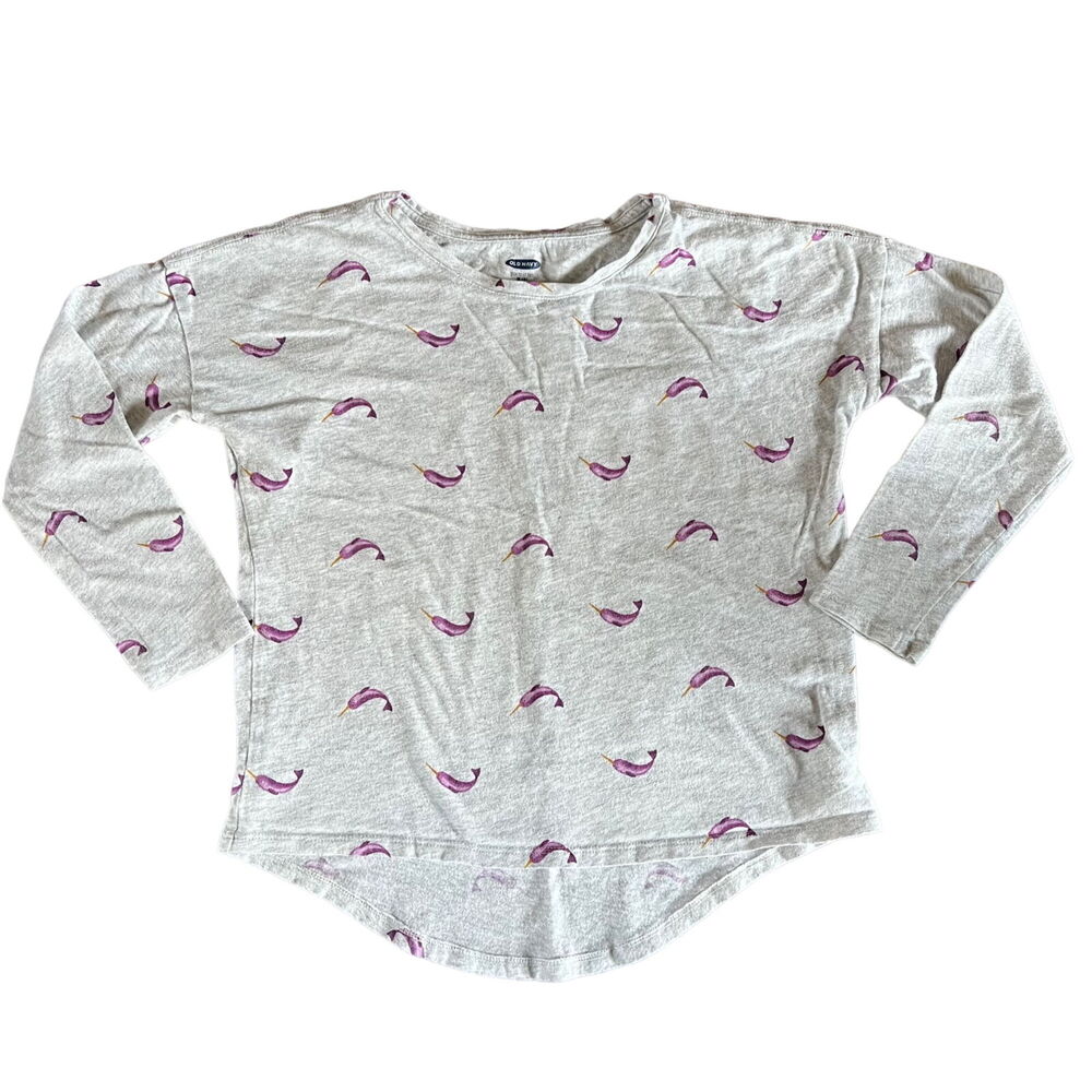 Old Navy Girls T Shirt Top Narwhal Long Sleeve Pullover Gray Purple Medium